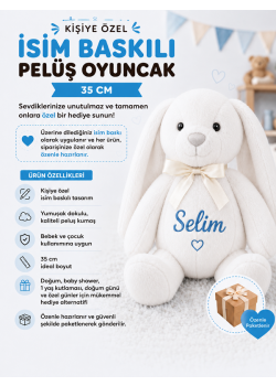 Kişiye özel isim baskılı beyaz peluş tavşan uyku arkadaşı