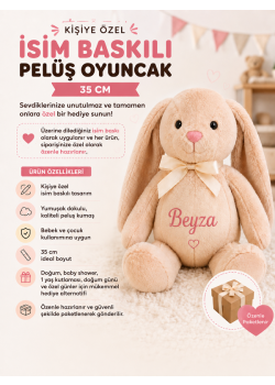 Kişiye özel isim baskılı pembe peluş tavşan uyku arkadaşı